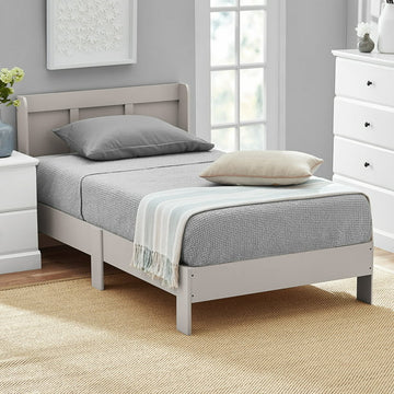 Kid's Platform Twin Bed Frame with Headboard, Soft White or Soft Grey Finish (Mattresses Not Included)
